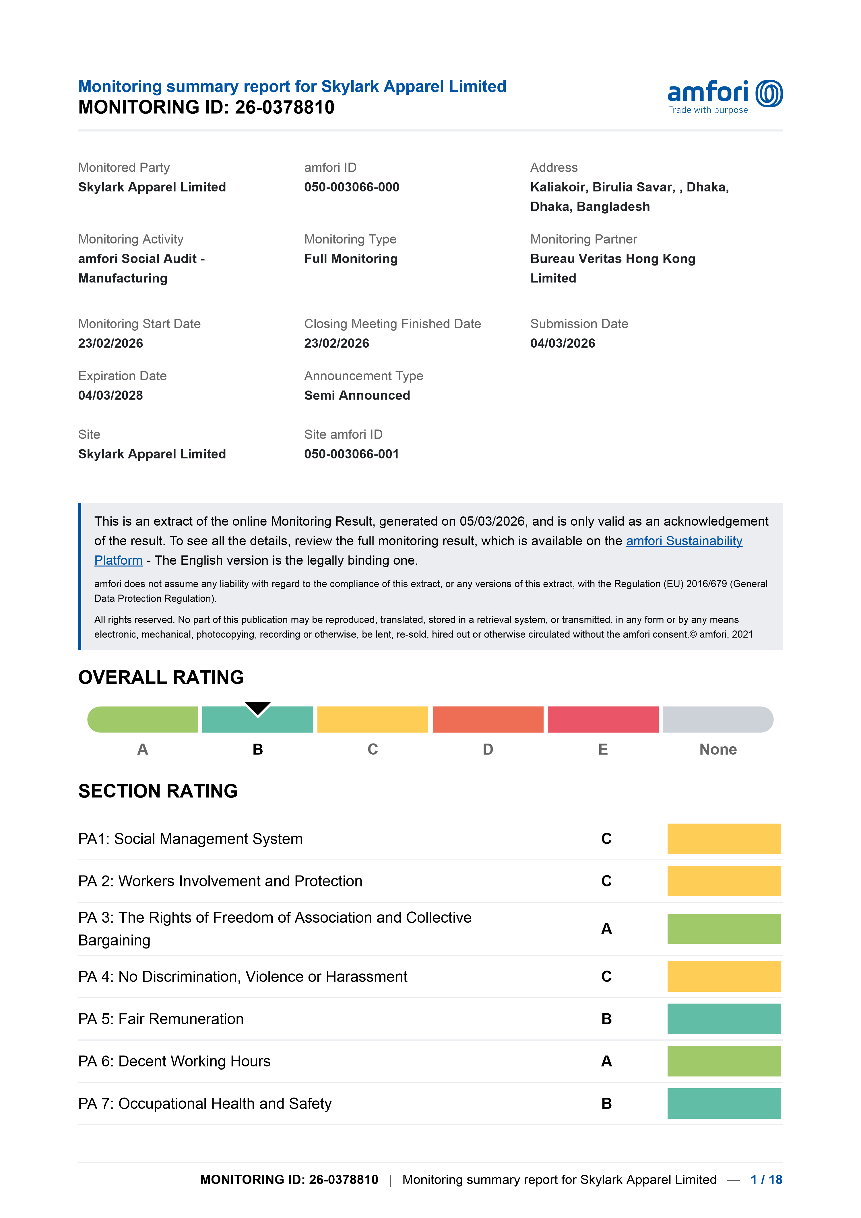 amfori BSCI Social Audit Report 2026 for Skylark Apparel Ltd.