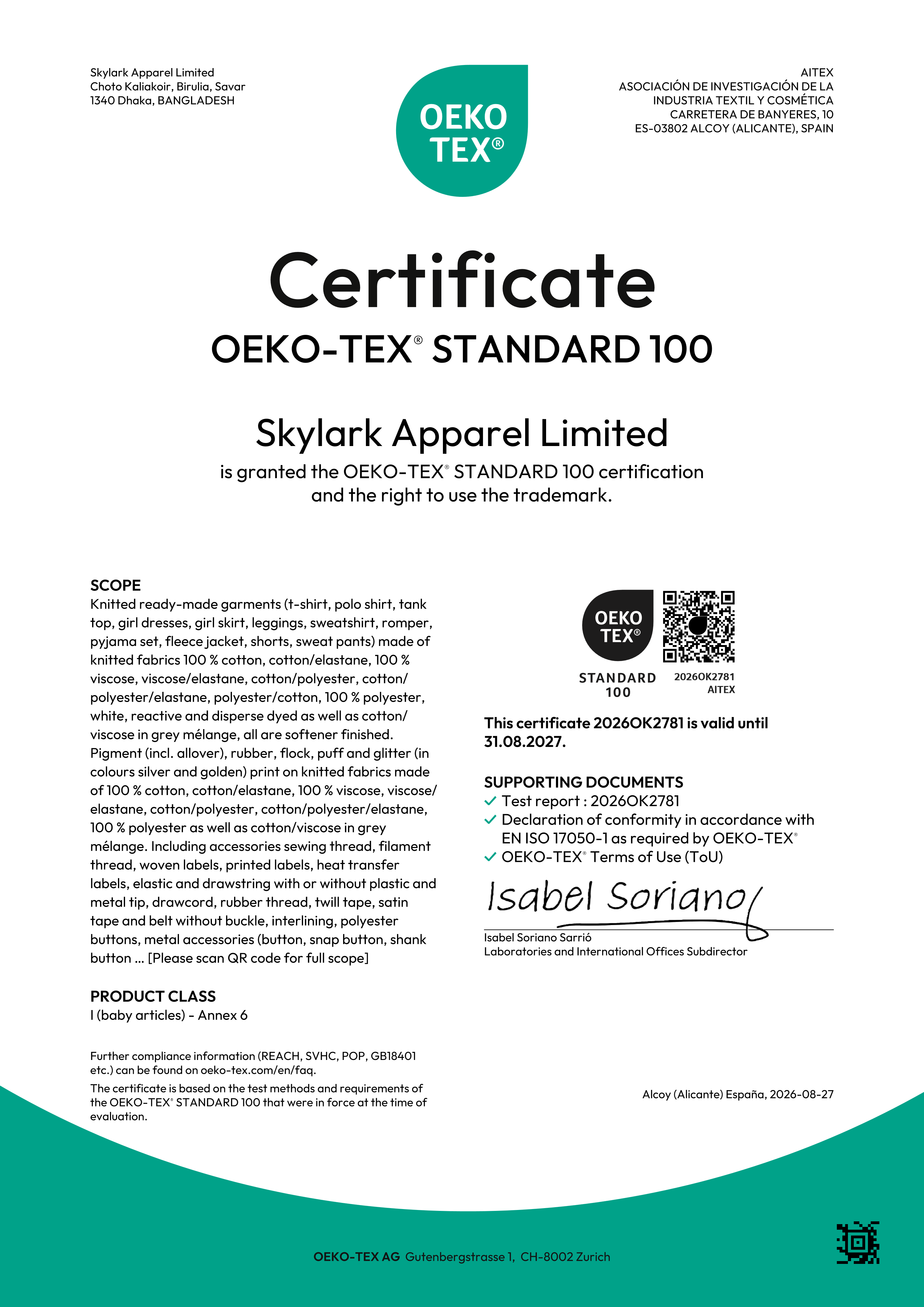 OEKO-TEX Standard 100 Certificate of Skylark Apparel Ltd.